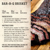 An infographic for Bar-B-Q Brisket featuring a recipe that uses Stubbs Smkhouse E rub and includes a photo of sliced smoked meat on a wooden board.