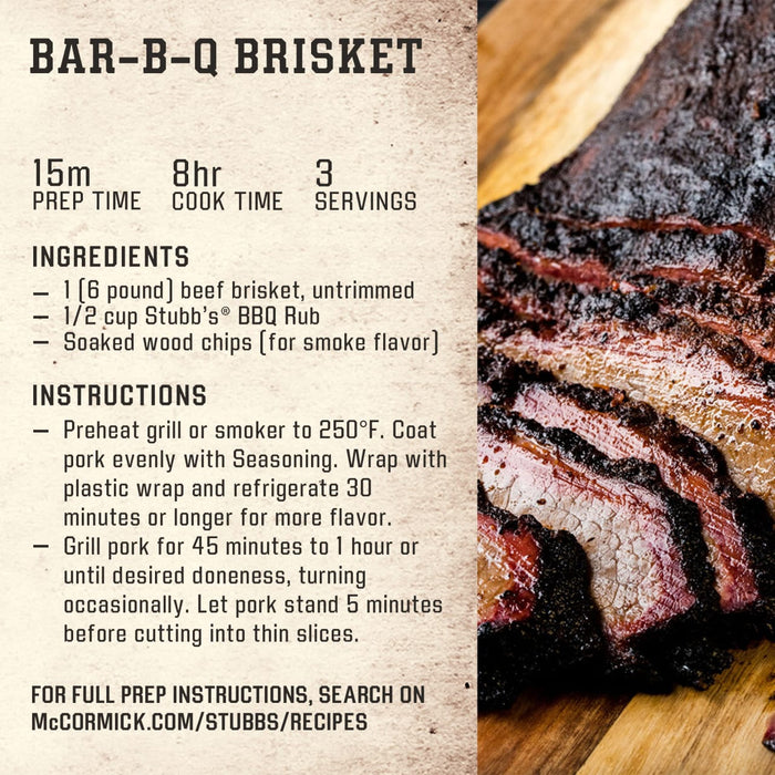 An infographic for Bar-B-Q Brisket featuring a recipe that uses Stubbs Smkhouse E rub and includes a photo of sliced smoked meat on a wooden board.