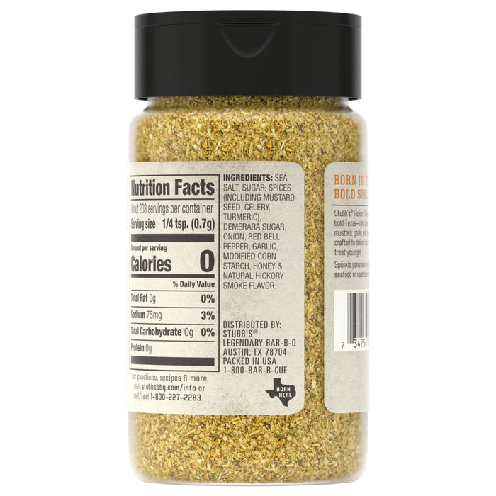 The back of a bottle of Stubb'S, 5.04 Oz, displays the nutrition facts and ingredients list for the Hickory Mustard Rub.