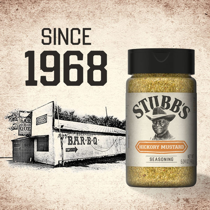 A bottle of Stubbs Hkry Must E seasoning is displayed next to a vintage illustration of the original Stubb's Bar-B-Q restaurant and the text Since 1968.