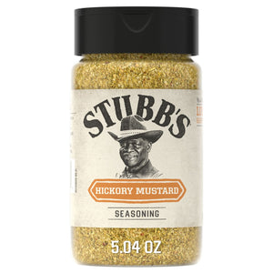 A 5.04 ounce bottle of Stubbs Hkry Must E seasoning featuring a portrait of Stubb and a blend of yellow and brown spices.