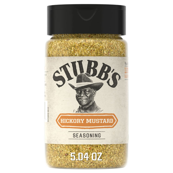 A 5.04 ounce bottle of Stubbs Hkry Must E seasoning featuring a portrait of Stubb and a blend of yellow and brown spices.