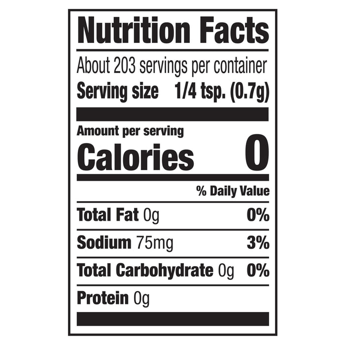 The nutrition facts label for Stubb'S, 5.04 Oz, indicates that a 1/4 teaspoon serving has 0 calories, 0g of fat, and 75mg of sodium.
