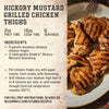 This recipe infographic for Hickory Mustard Grilled Chicken Thighs features a plate of seasoned chicken and instructions for using Stubbs Hkry Must E to achieve a perfect 165 degree internal temperature.