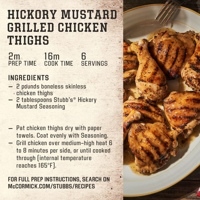 This recipe infographic for Hickory Mustard Grilled Chicken Thighs features a plate of seasoned chicken and instructions for using Stubbs Hkry Must E to achieve a perfect 165 degree internal temperature.