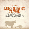 An illustration for Stubbs Hkry Must E featuring silhouettes of a cow, chicken, and pig on a textured background with text stating it adds legendary flavor to chicken, pork, seafood, and vegetables.