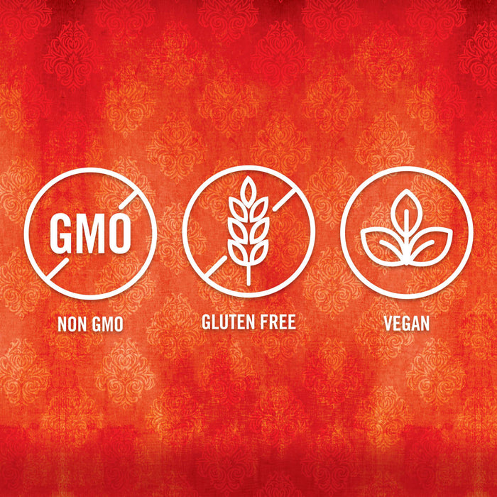 Three white circles with a red background and a damask pattern each circle has a different symbol and text: Non GMO Gluten Free Vegan.