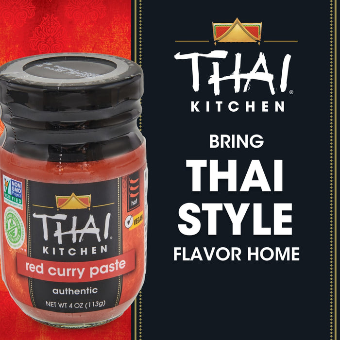 A jar of Thai Kitchen red curry paste with a background of the Thai Kitchen logo and the phrase Bring Thai Style Flavor Home.