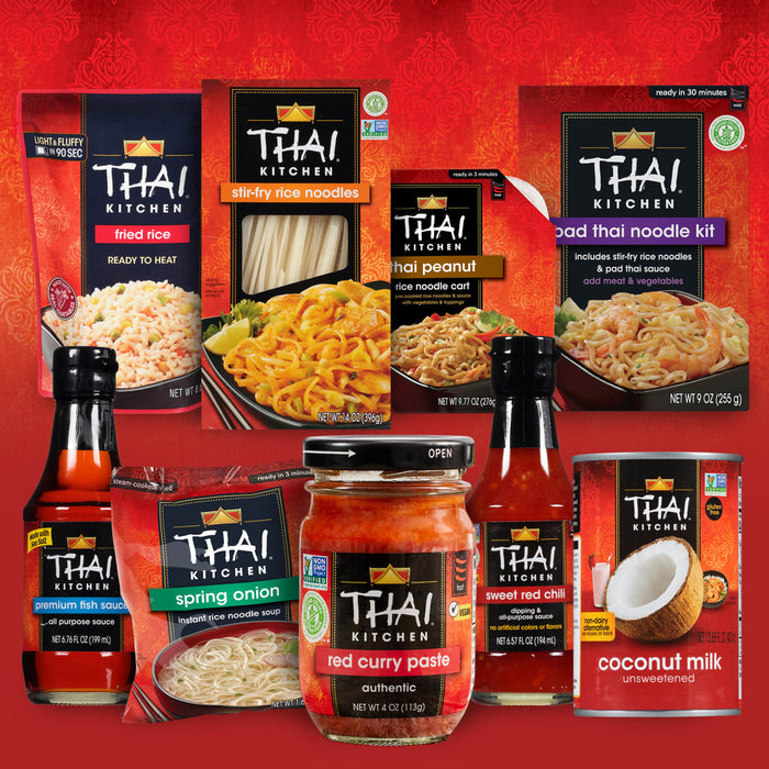 A variety of Thai Kitchen products including fried rice stir-fry rice noodles thai peanut rice noodle cart pad thai noodle kit spring onion instant rice noodle soup red curry paste premium fish sauce sweet red chili and coconut milk.