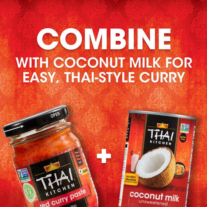 Thai Kitchen red curry paste and Thai Kitchen coconut milk are shown with a plus sign between them suggesting they can be combined for an easy Thai-style curry.