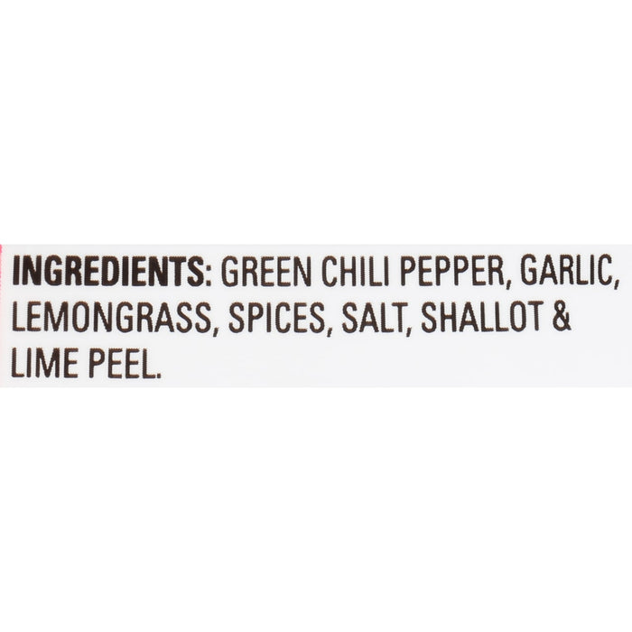 The ingredients for this product are green chili pepper garlic lemongrass spices salt shallot and lime peel.