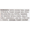 A list of ingredients for a product, including water, coconut milk, sugar, soybean oil, peanut, sesame seed, spices, red chili pepper, tamarind, salt, modified tapioca starch, shallot, garlic, lemongrass, lime peel, citric acid, and turmeric.