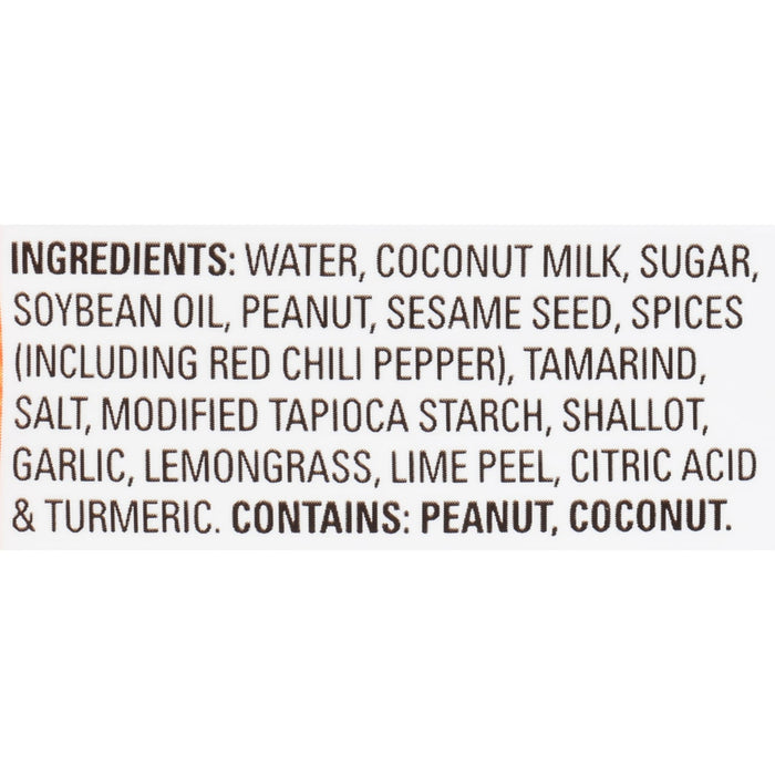 A list of ingredients for a product, including water, coconut milk, sugar, soybean oil, peanut, sesame seed, spices, red chili pepper, tamarind, salt, modified tapioca starch, shallot, garlic, lemongrass, lime peel, citric acid, and turmeric.