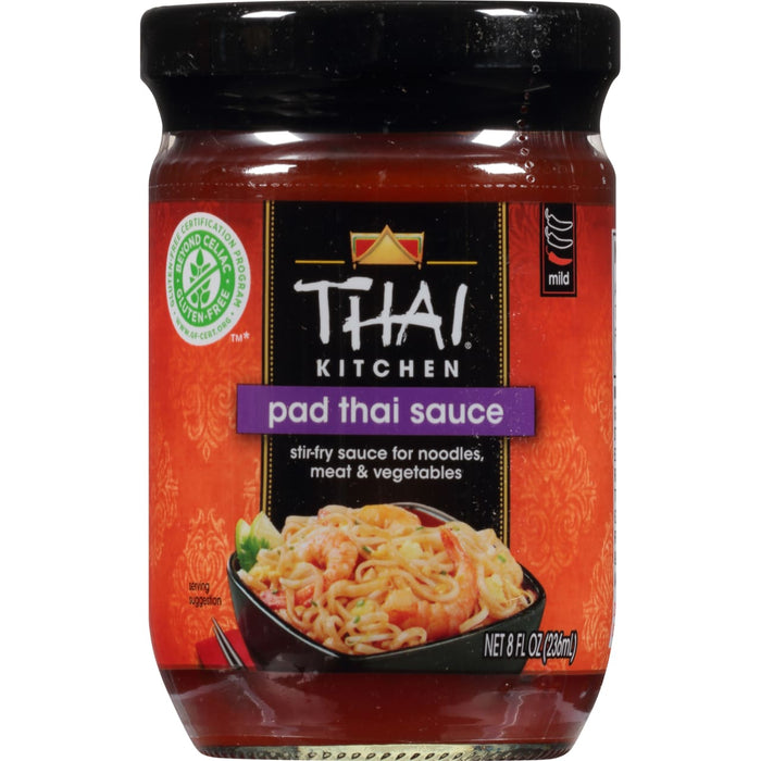 A jar of Thai Kitchen Pad Thai Sauce with a serving suggestion on the label.