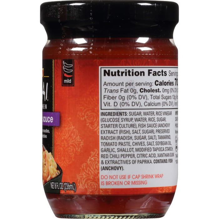 A bottle of Thai Kitchen Mild Sweet Chili Sauce with nutrition facts and ingredients listed on the label.