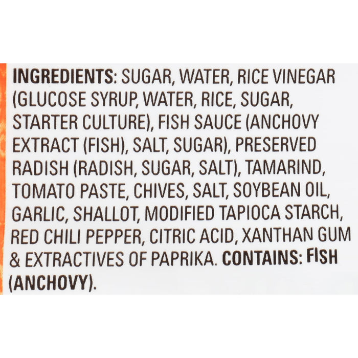 A list of ingredients for a product, including sugar, water, rice vinegar, and fish sauce.