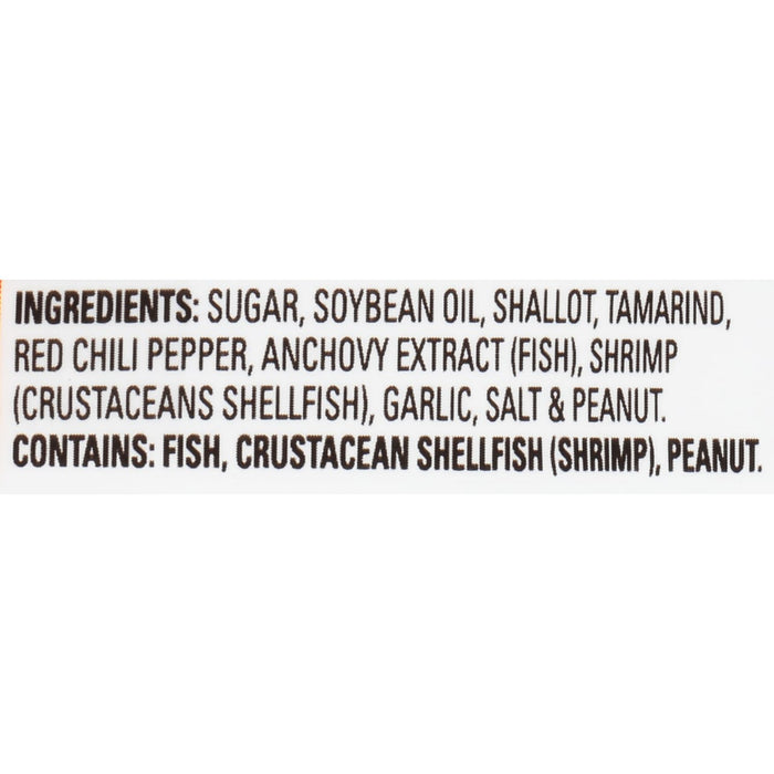 A list of ingredients and allergens for a product containing sugar, soybean oil, shallot, tamarind, red chili pepper, anchovy extract, shrimp, garlic, salt, and peanut.
