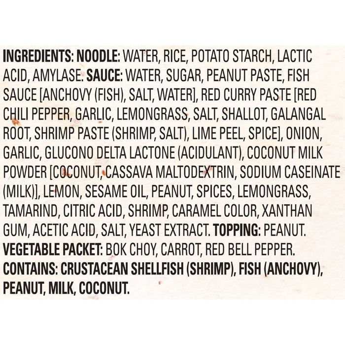 A list of ingredients for a noodle dish, including the noodle, sauce, topping, and vegetable packet.