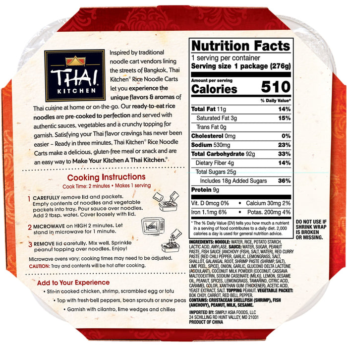 A package of Thai Kitchen Noodle Cart Thai Peanut is displayed, showing its front label with the brand logo, product description, cooking instructions, nutrition facts, and ingredients list.