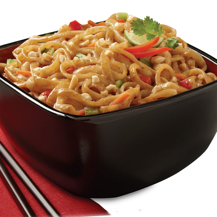 A bowl of delicious-looking Pad Thai noodles with vegetables and peanuts, garnished with a lime wedge and cilantro.