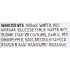 A list of ingredients for a product, including sugar, water, rice, vinegar, glucose syrup, starter culture, garlic, red chili pepper, salt, modified tapioca starch, and xanthan gum.