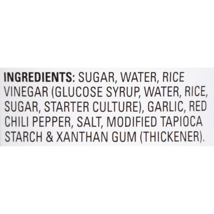A list of ingredients for a product, including sugar, water, rice, vinegar, glucose syrup, starter culture, garlic, red chili pepper, salt, modified tapioca starch, and xanthan gum.
