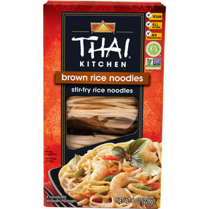 A box of Thai Kitchen Brown Rice Noodles, a stir-fry noodle product.