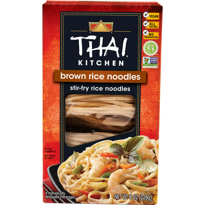 A box of Thai Kitchen Brown Rice Noodles, a stir-fry noodle product.
