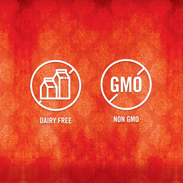 Two white icons on a red background with a damask pattern, one says dairy free with a picture of milk cartons and the other says non GMO with a picture of a GMO symbol.