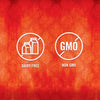 Two white icons on a red background with a damask pattern, one says dairy free with a picture of milk cartons and the other says non GMO with a picture of a GMO symbol.