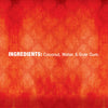 A red background with a white text that says INGREDIENTS: Coconut, Water, &amp; Guar Gum.