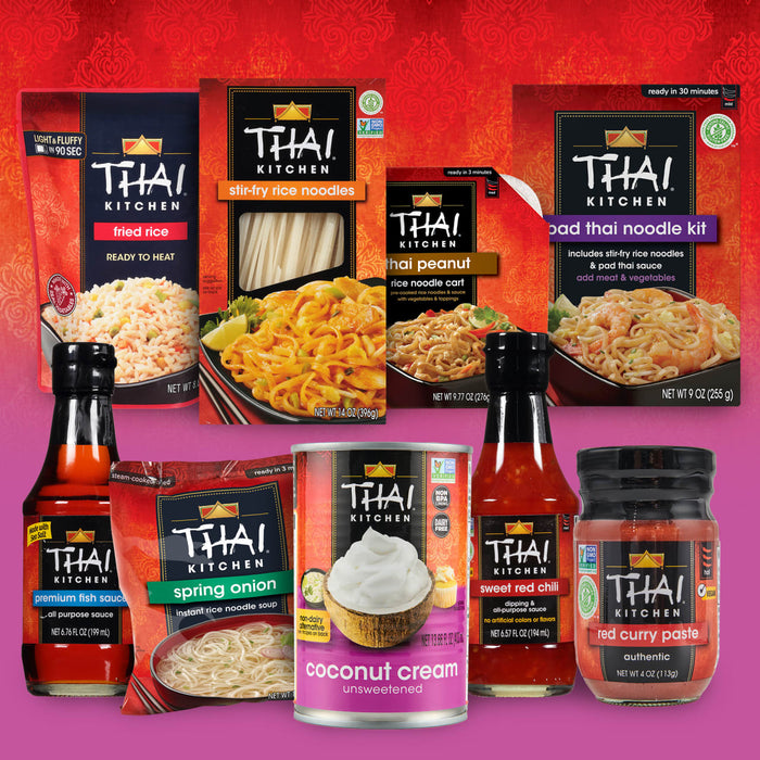 A collection of Thai Kitchen products including stir-fry rice noodles, fried rice, coconut cream, spring onion instant rice noodle soup, sweet red chili, red curry paste, and premium fish sauce.