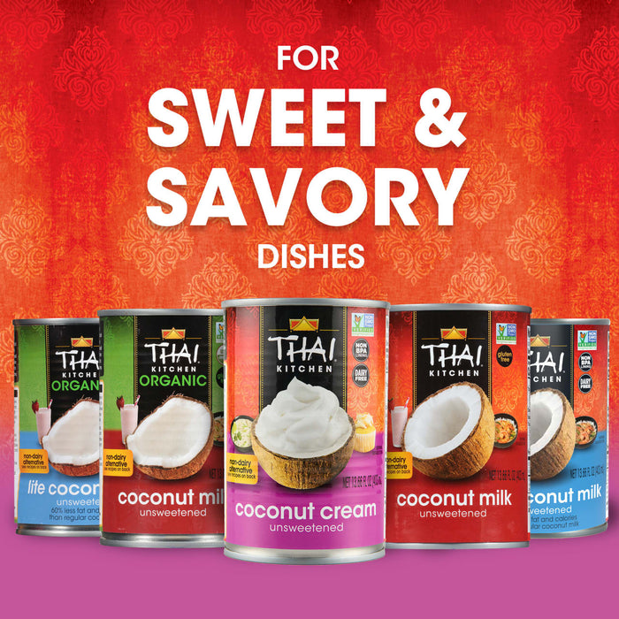 Five cans of Thai Kitchen coconut milk and coconut cream products are displayed against a red background.