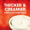 A bowl of white, creamy coconut milk with the text 'Thicker &amp; Creamier Than Coconut Milk' on a red background.