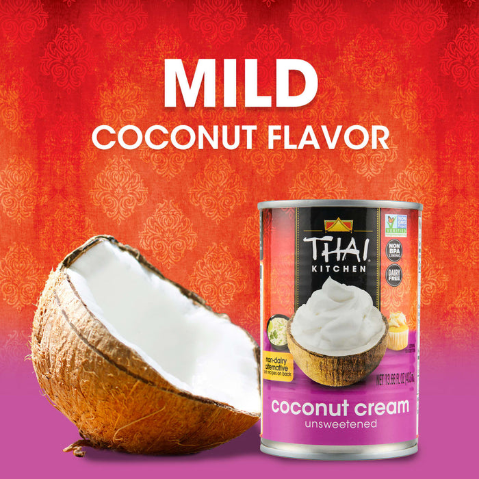 A can of Thai Kitchen Coconut Cream, unsweetened, with a coconut half in the foreground.