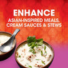 Two bowls of creamy white soup with chicken, green onions, and red pepper flakes, with the text Enhance Asian-Inspired Meals, Cream Sauces &amp; Stews above.