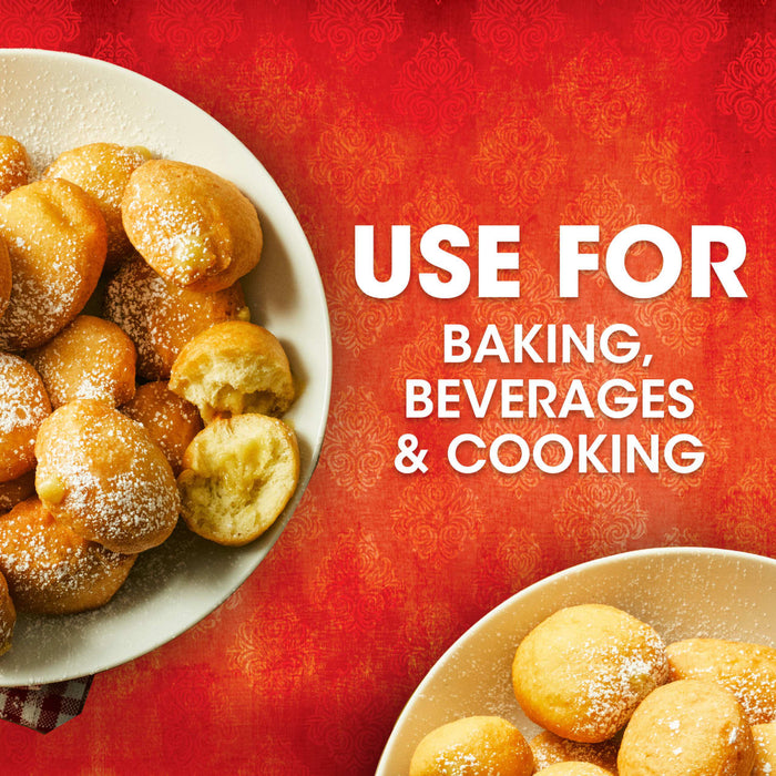 Two bowls of powdered sugar covered fried dough balls with the text 'Use for Baking, Beverages &amp; Cooking' in the middle.