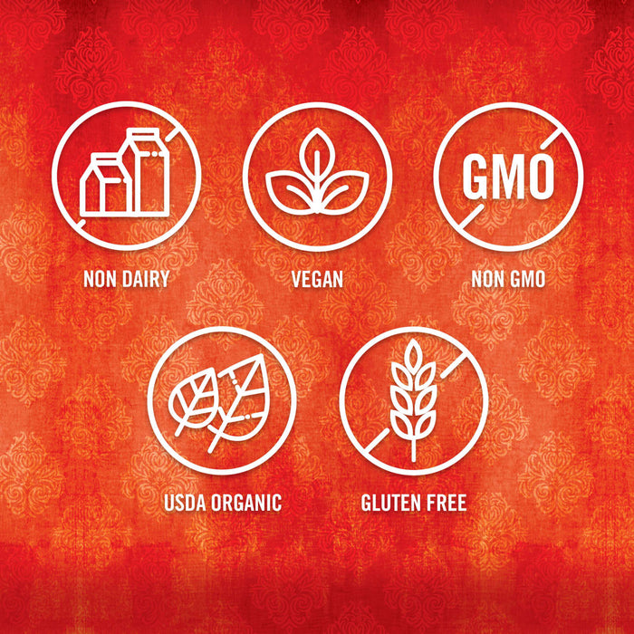 The image displays a collection of icons indicating the product is non-dairy, vegan, non-GMO, USDA organic, and gluten-free.