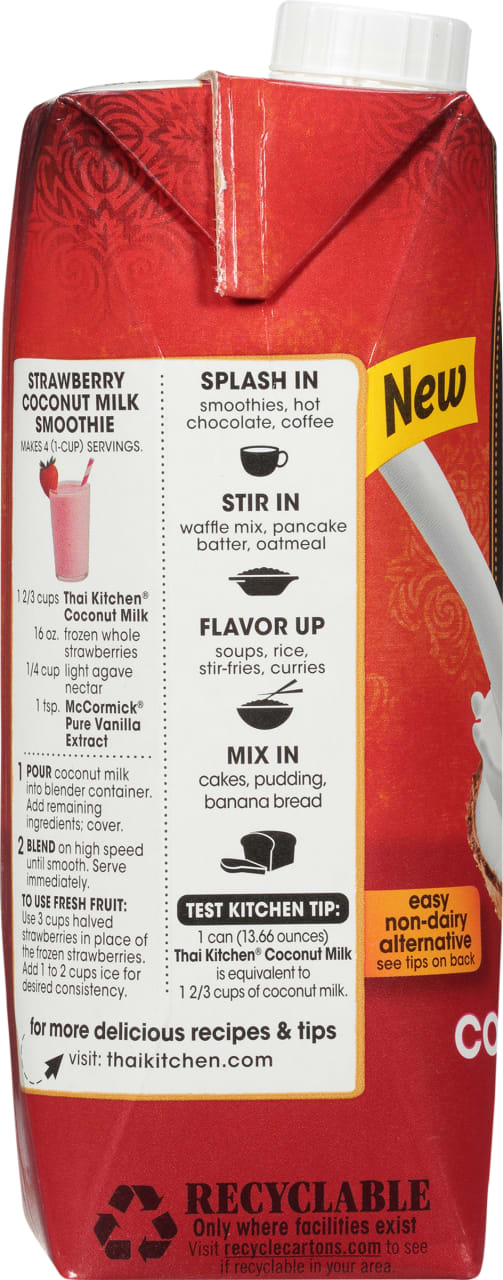 A Thai Kitchen Coconut Milk Smoothie carton with instructions on how to make the smoothie and other ways to use the product.