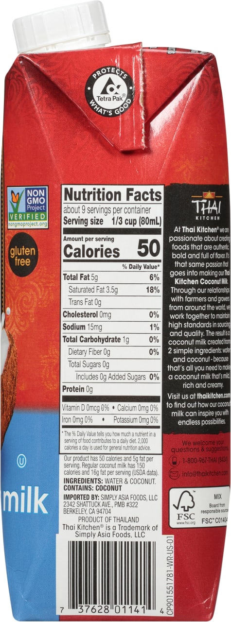 Thai Kitchen Coconut Milk nutrition facts label with a barcode and a logo.