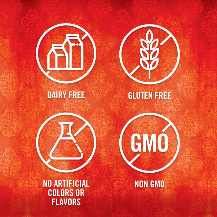 Four white icons on a red background with a damask pattern showing dairy free gluten free no artificial colors or flavors and non GMO.