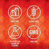 Four white icons on a red background with a damask pattern showing dairy free gluten free no artificial colors or flavors and non GMO.