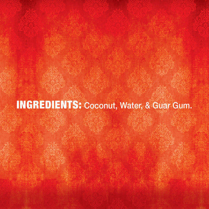 A red background with a white damask pattern and the words INGREDIENTS: Coconut Water &amp; Guar Gum.
