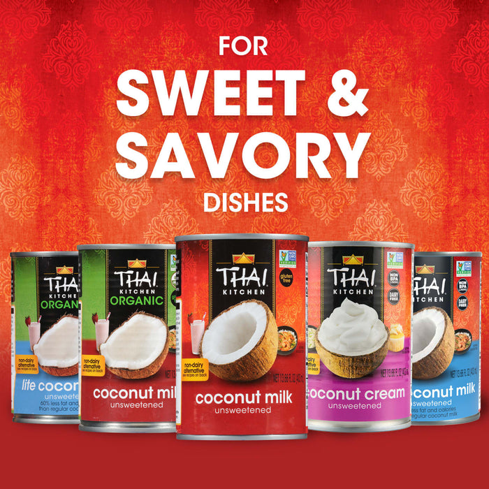 Six cans of Thai Kitchen coconut milk cream and lite coconut milk.