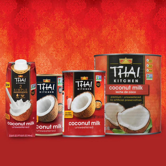 Three different sizes of Thai Kitchen coconut milk unsweetened.