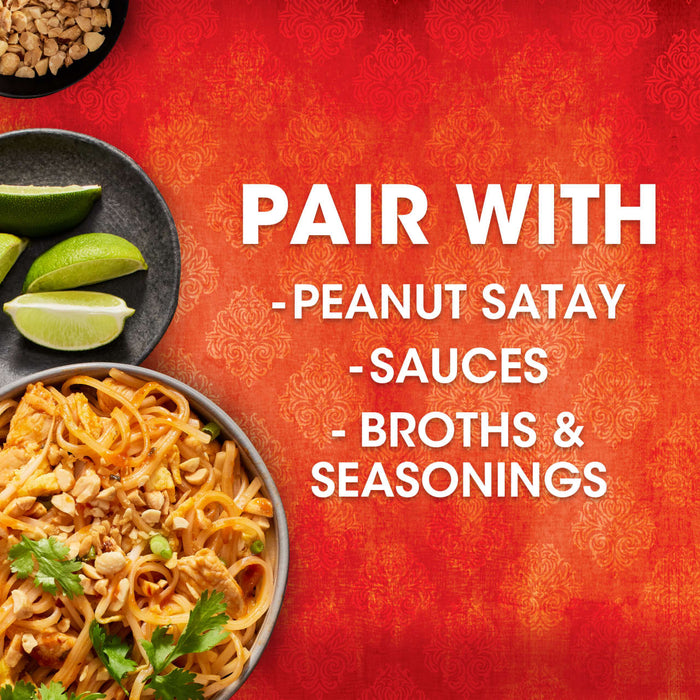 A bowl of Pad Thai noodles with peanuts chicken and cilantro with text that says Pair with - Peanut Satay - Sauces - Broths &amp; Seasonings.