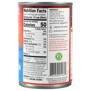 A can of Thai Kitchen Coconut Milk with nutrition facts and ingredients listed on the label.