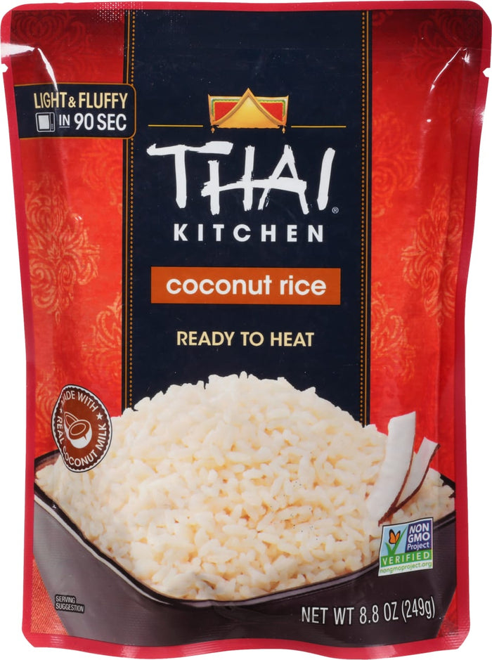 A package of Thai Kitchen Coconut Rice, ready to heat in 90 seconds.