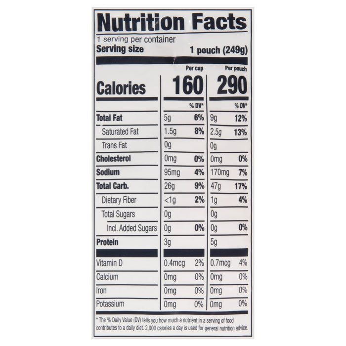 Nutrition facts label for a pouch of a product.