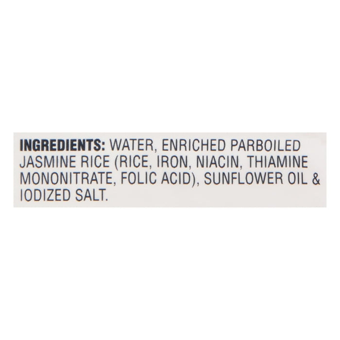 Ingredients for Jasmine Rice include water, enriched parboiled jasmine rice, sunflower oil, and iodized salt.